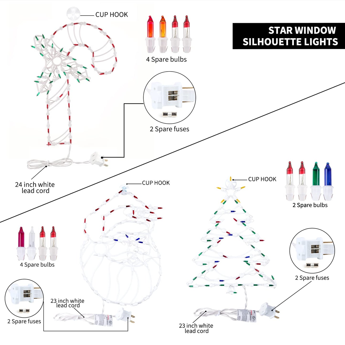 4 Pack Christmas Window Silhouette Lights Decorations, Santa Claus, Xmas Trees, Snowflake, and Star Window Silhouette with 50 Bulbs for Holiday Indoor Wall Door Glass Decorations