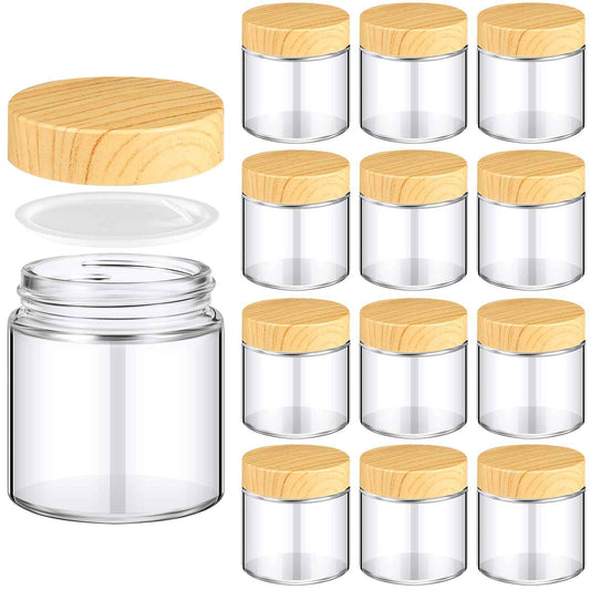 Norme 12 Pcs 4 oz Glass Jars with Lids Empty Small Glass Containers and Inner Liners Reusable Cosmetic Jars Round Airtight Bottles with Plastic Woodgrain Lids for Travel