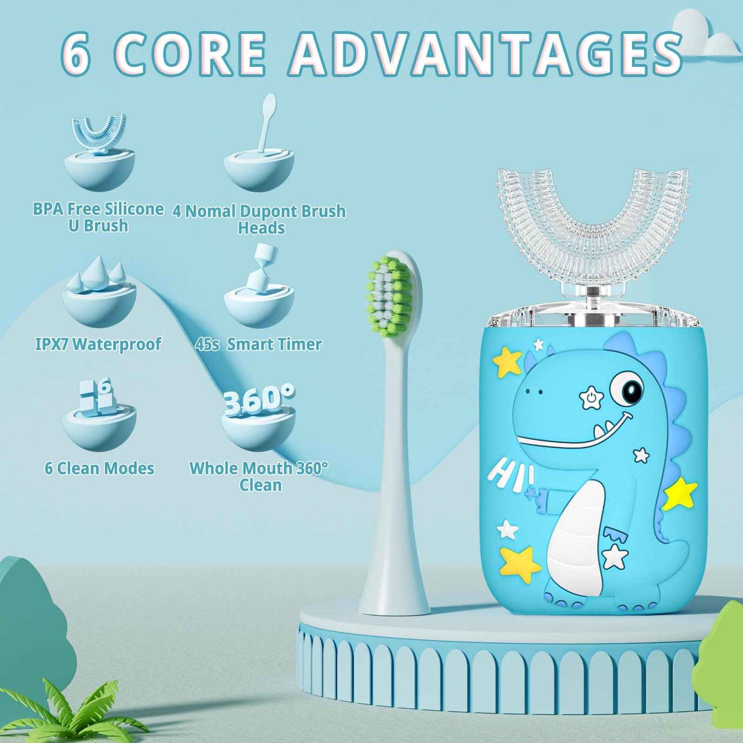 PVOGRT Kids Electric U Shaped Toothbrush,Kids Dinosaur Sonic Full Mouth Toothbrush with 4 Soft Brush Head Automatic 6 Cleaning Modes IPX7 Waterproof 360 Degree Cleaning - Age2-7 Blue