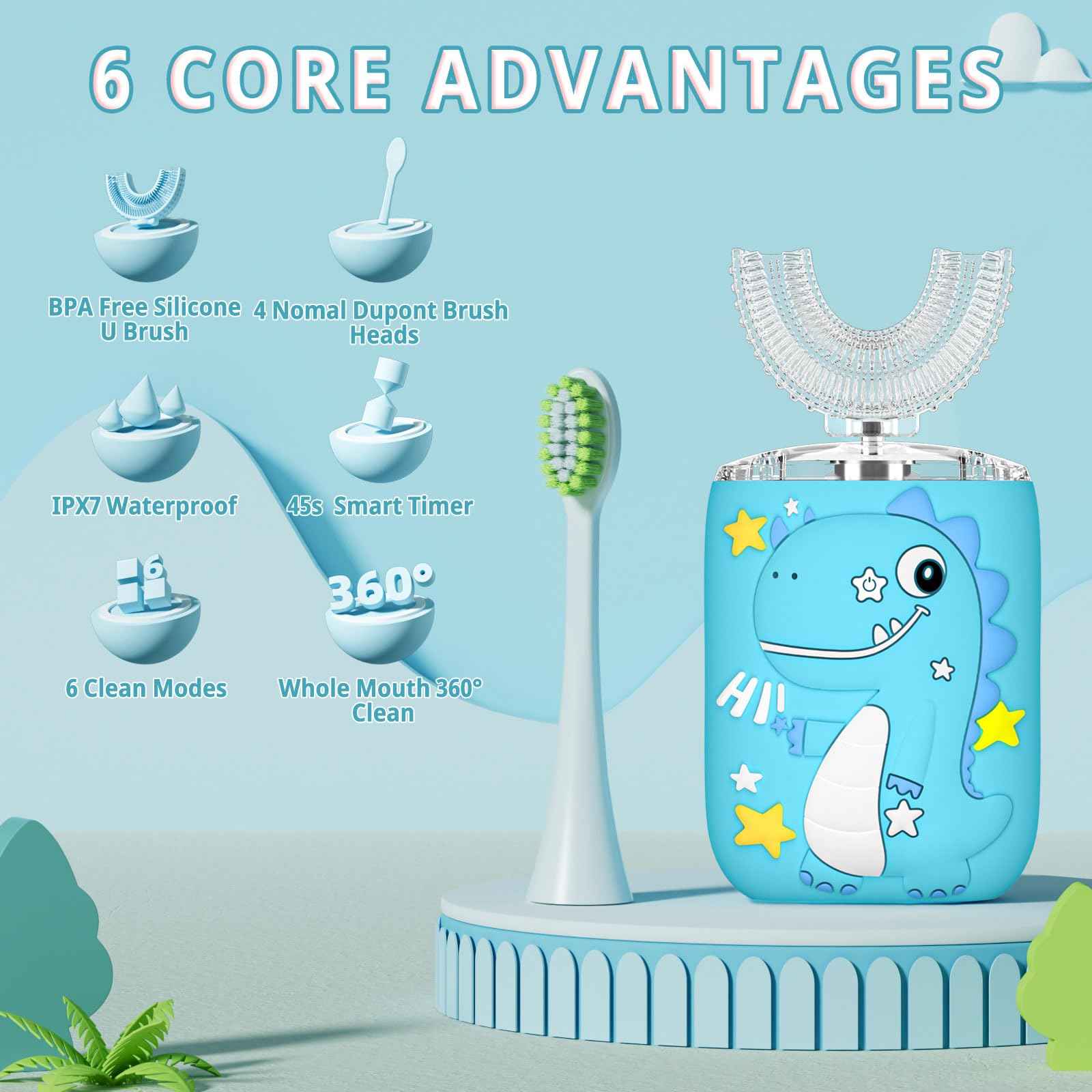 PVOGRT Kids Electric U Shaped Toothbrush,Kids Dinosaur Sonic Full Mouth Toothbrush with 4 Soft Brush Head Automatic 6 Cleaning Modes IPX7 Waterproof 360 Degree Cleaning - Age2-7 Blue