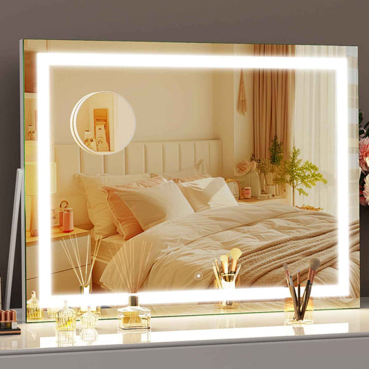 Gvnkvn Vanity Mirror with Lights, 15"× 11" LED Makeup Mirror, Lighted Makeup Mirror with Lights, Smart Touch Control Dimmable 3 Modes Light 360°Rotation White