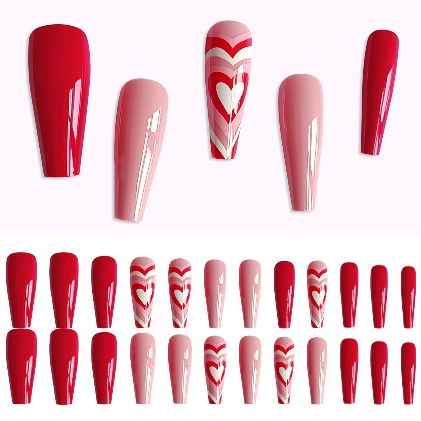 24 Pcs Valentine?™s Day Press on Nails Long Fake Nails Coffin Shaped Glue on Nails Glossy Heart Design False Nails Red Pink Valentines Heart Acrylic Nails for Women and Girls