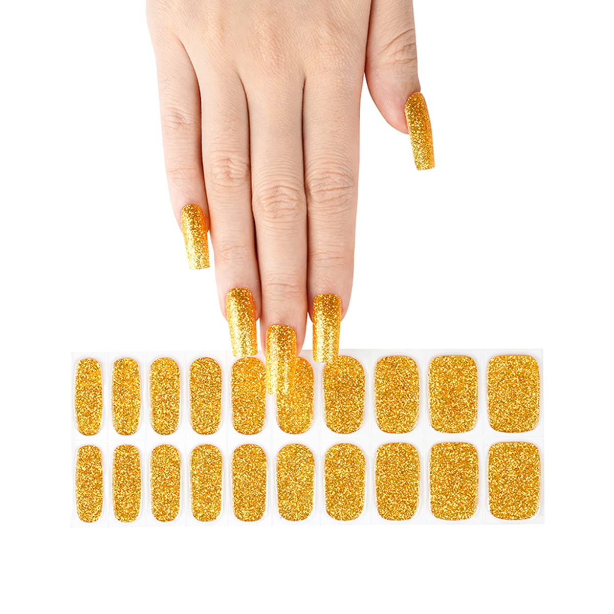 ACROIN Semi Cured Gel Nail Strips Nail Wraps 20 Stickers Need Cured, Salon-Quality, Long Lasting, Easy to Apply & Remove, Includes Cleaning Pad, Nail File, Wooden Stick - Sparkling Gold