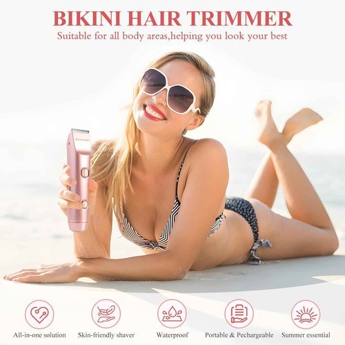 Bikini Trimmer for Women, 2-in-1 Electric Razor & Shaver with IPX7 Waterproof, Low-Noise Painless Design, Wet & Dry Hair Remover for Face, Body & Intimate Areas, 60 Mins Cordless Runtime