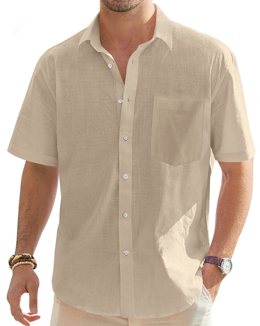 J.VER Men's Half Sleeve Linen Shirt Solid Casual Button Down Shirts Summer Beach Tops with Pocket Light Khaki Medium