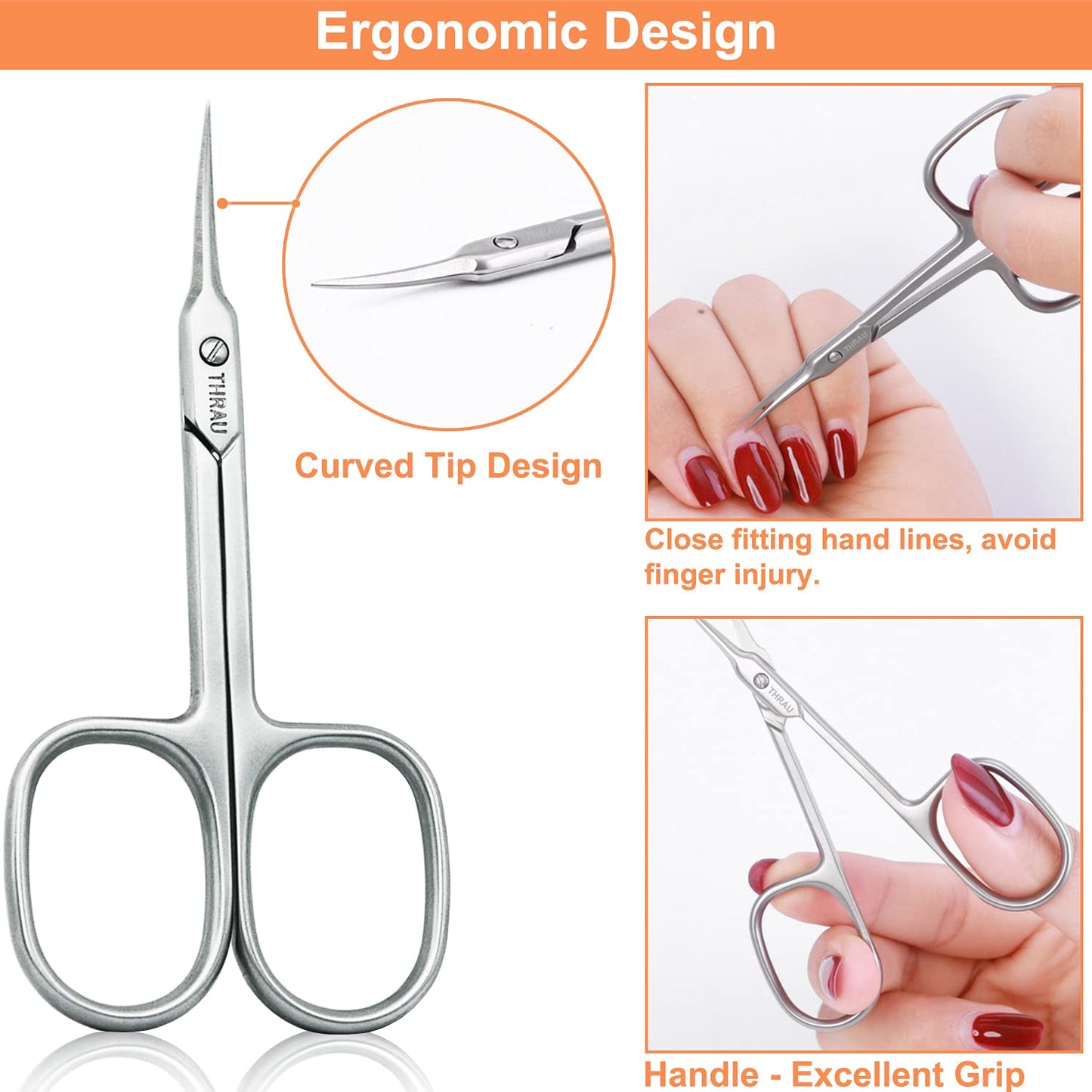 THRAU Cuticle Scissors Extra Fine for Manicure and Pedicure, Curved Blade Nail Scissors, Precise Pointed Tip Grooming Kit for Eyebrow, Eyelash, Trim Nail and Dry Skin, Small Scissors