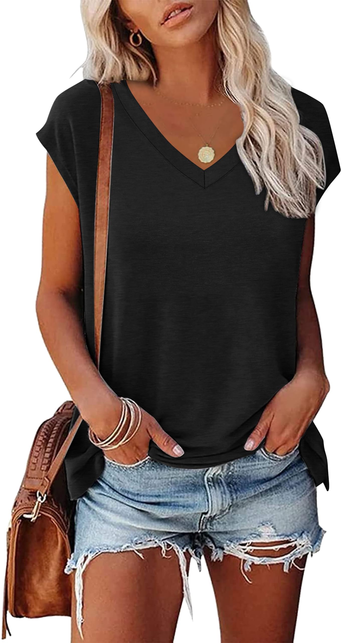 Womens Cap Sleeve Summer Tops Cute Tops Trendy V Neck Casual Loose Fit Shirts Black S