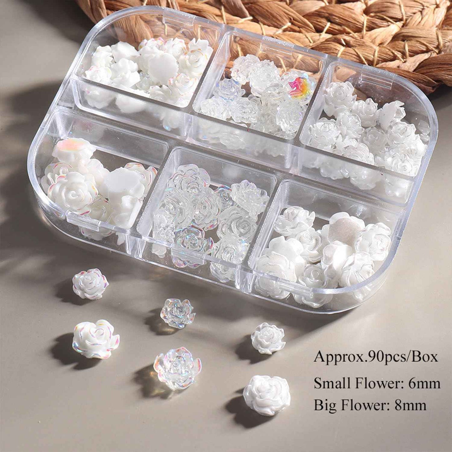 Tyuimhx Flowers Nail Charms 3D Resin White & Aurora Clear Rose Designs Nail Art Charms for Acrylic Nails Flatback Floral Nail Supplies for Women DIY Manicure Decorations Crafts (6 Grids)