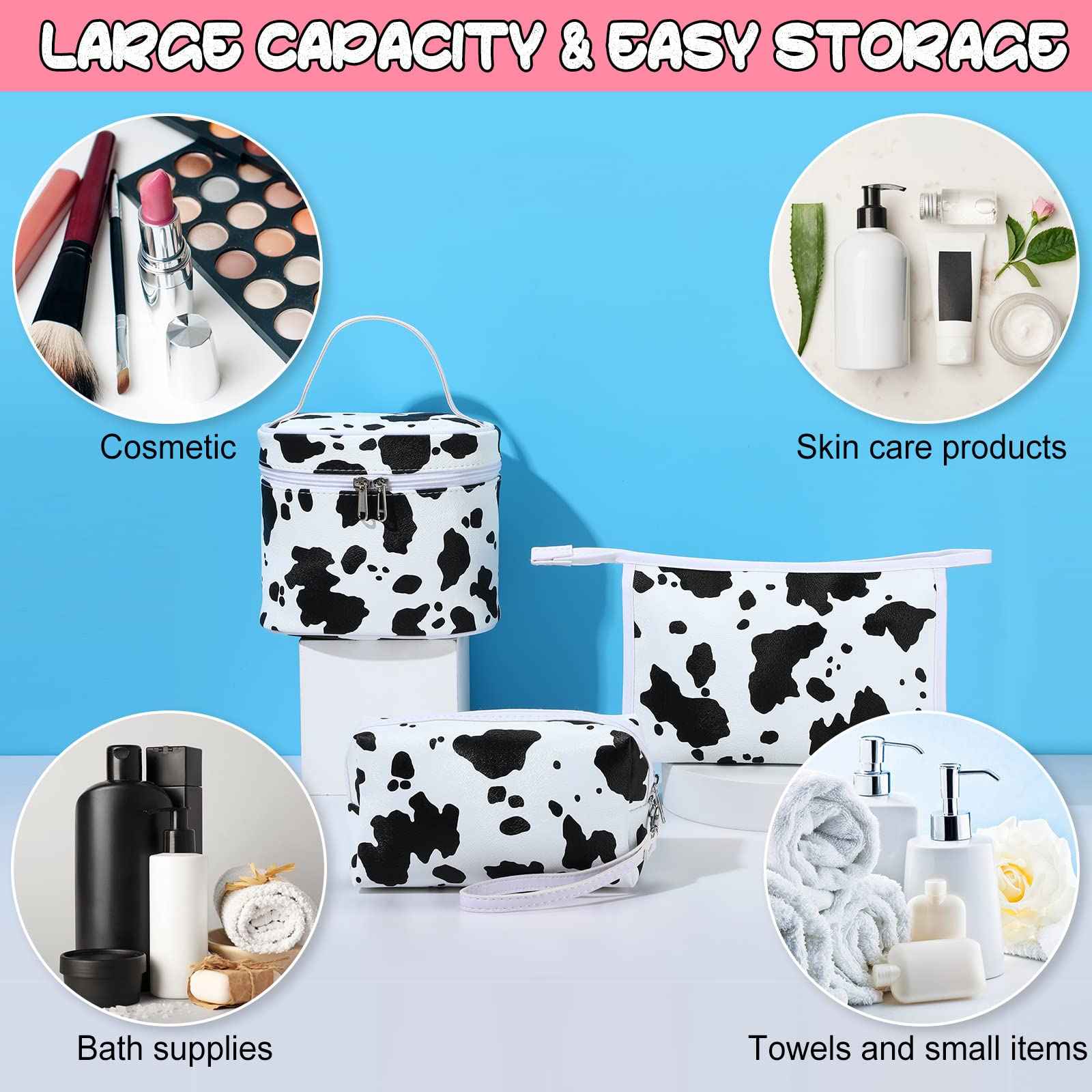 6 Pieces Makeup Bag Set Travel Cosmetic Bag Cow Print Toiletry Pouch Gifts for Women Organizer with zipper Portable Cute Make up Case PU Leather Washable Waterproof