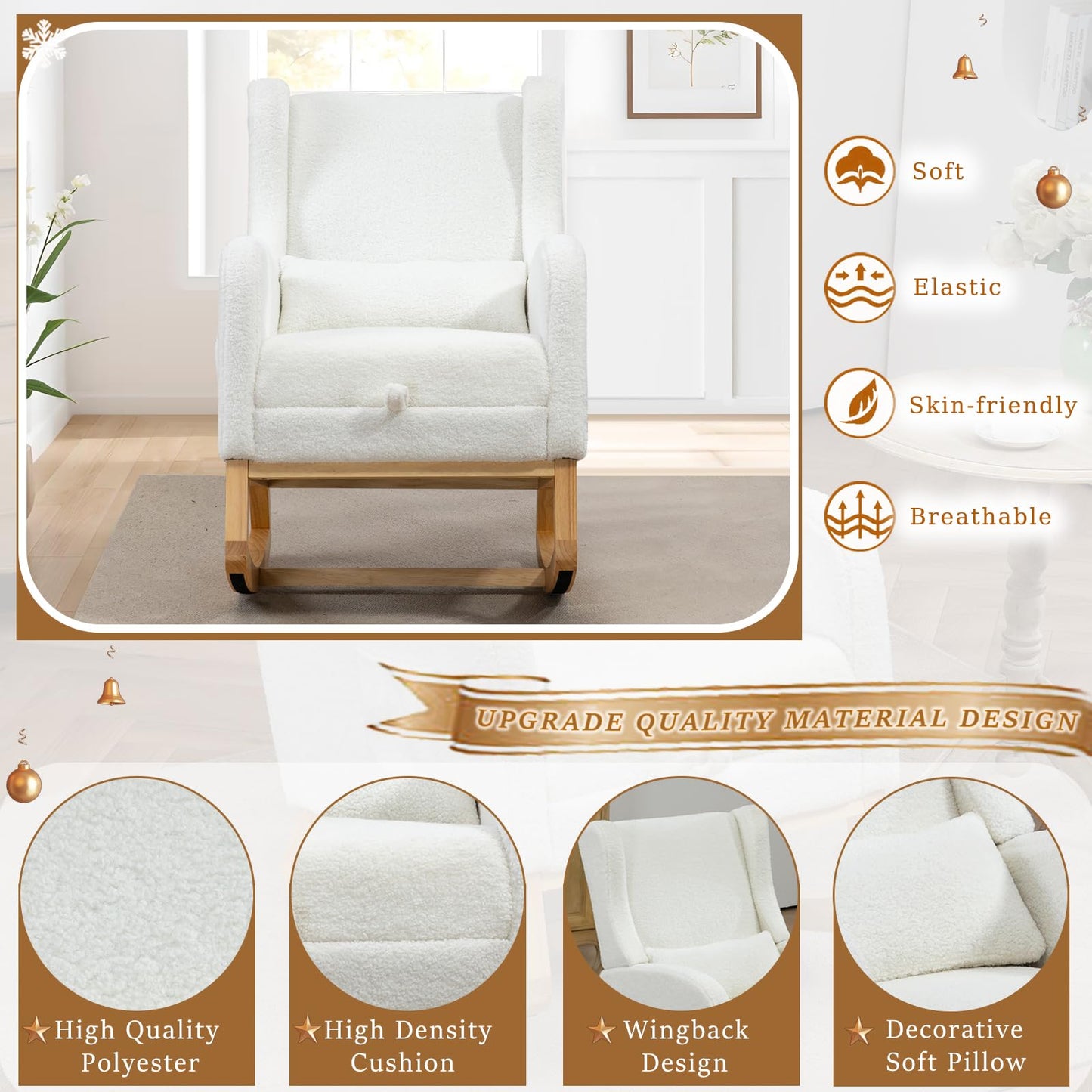 Modern Rocking Chair Nursery Glider, Comfy Rocker Nursery Chair with Foot Rest, Accent Reading Chair with Pillow and Pocket, Upholstered Lounge Chair with Solid Wood Base for Relaxing, Resting (Ivory)