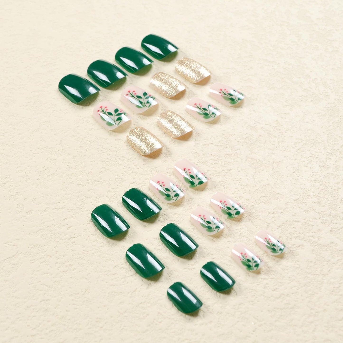 SINHOT Green Press on Nails Short Square Fake Nails Green Leaves Nails Glossy Glue on Nails Squoval Acrylic Nails Gold Glitter Arificial Nails Stick on False Nails with Design 24 pcs