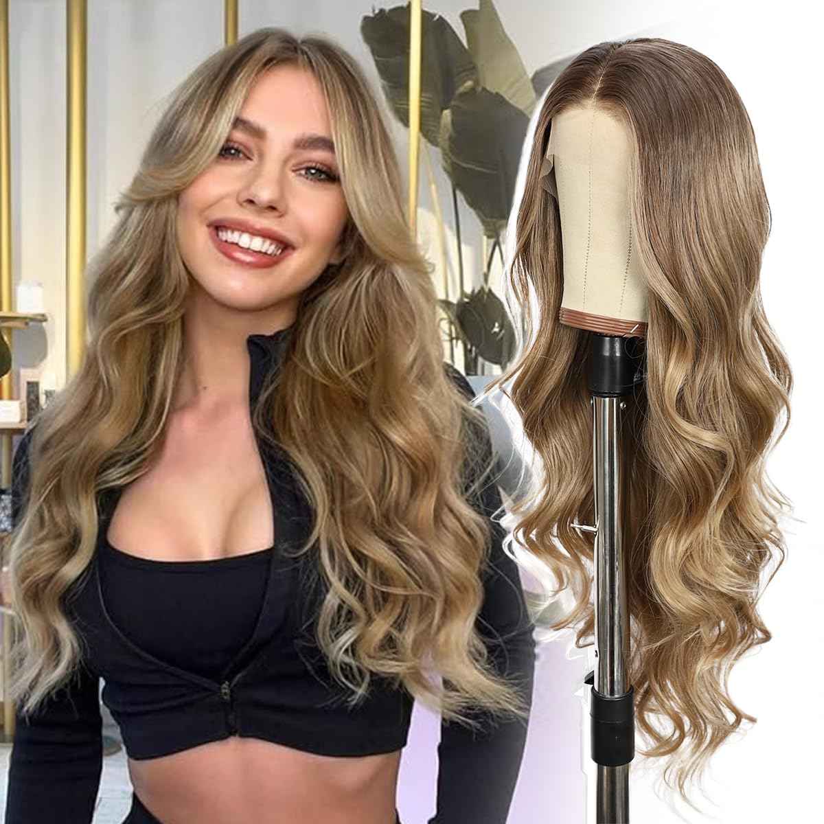 BABEHERS Blonde Lace Front Wig for Women 13x4 Body Wave Synthetic Wigs with Ombre Blonde Tips Pre-plucked Long Wavy 150% Density Heat Resistant Hair Daily Party Use 26 Inch