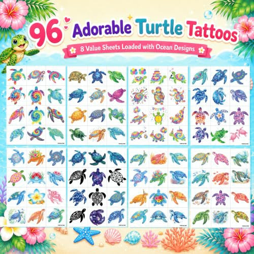 96 Ocean Turtle Temporary Tattoos for Kids - Party Favors