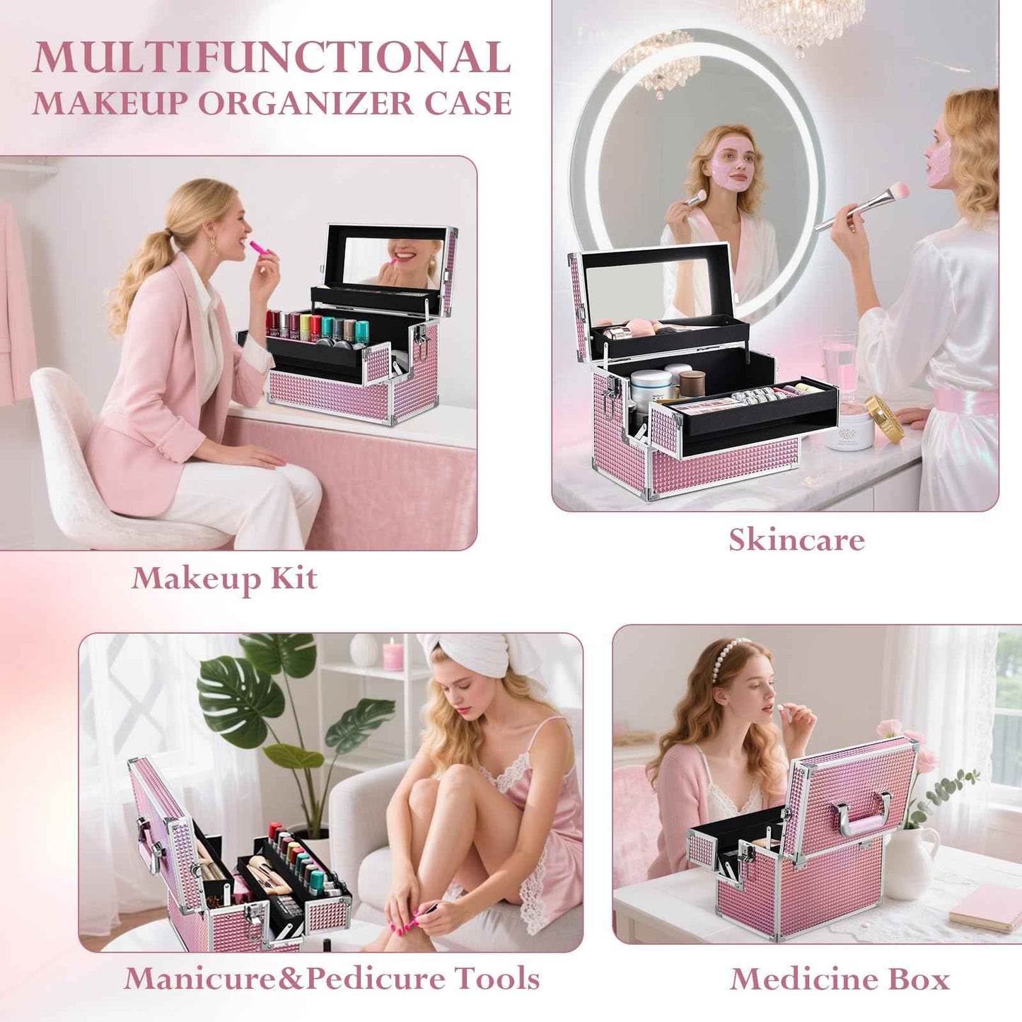 Joligrace Large Makeup Box Organizer, 12 Inch Makeup Train Case with Mirror, Cosmetic Travel Case with 3 Trays, Lockable Train Case for Makeup Artists & Nail Tech Supplies Pink