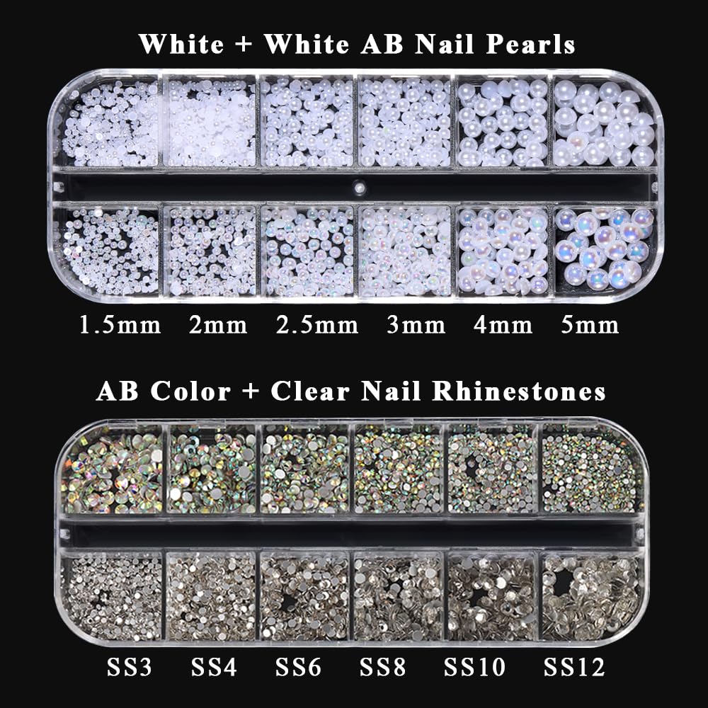 Nail Rhinestones and Pearls Nail Charms Kit, Multi Sizes Clear & AB Crystals Nail Rhinestones Gems, Flat Back White & White AB Pearls with Pickup Pencil and Tweezers