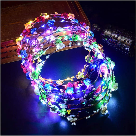 7 Pcs LED Flower Crown Headband, Light Up Flower Headbands for Women, Garlands Glowing Floral Wreath Crowns for Wedding Beach Party Birthday Cosplay (Diameter 19CM/7.4Inch)