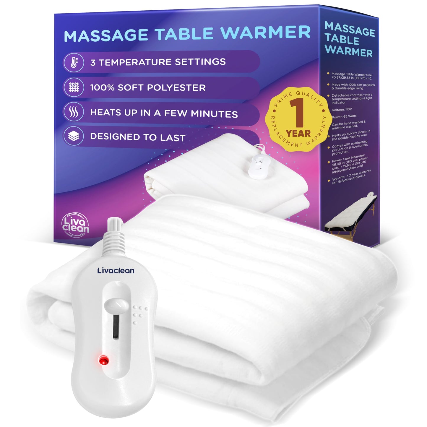 Massage Table Warmer w/ 3 Temperature Settings - (70.8” x 29.5”) LivaClean Massage Table Pad, Massage Table Warmer Heating Pad Blanket, Electric Heated Blanket, Spa Beauty Massage Therapy