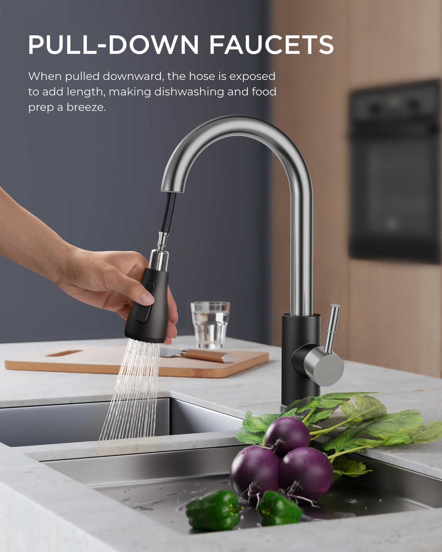 FORIOUS Kitchen Faucet with Pull Down Sprayer, Brushed Black, High Arc Single Handle, Deck Plate, RV Stainless Steel, 1.8 GPF