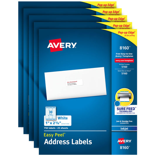 Avery Address Labels with Sure Feed for Inkjet Printers, 1 x 2-5/8, 3,750 Labels, Permanent Adhesive (5 Packs 8160)