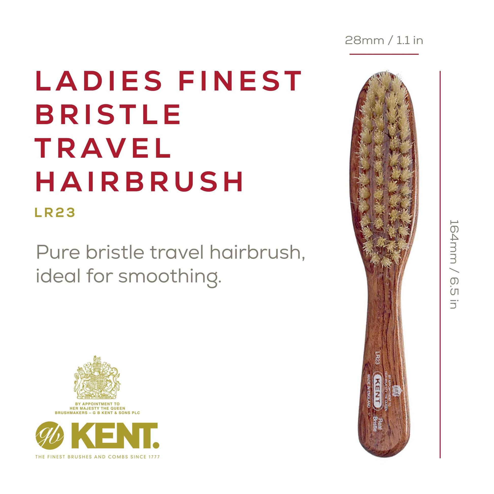 Kent LR23 Finest Ladies Narrow Style, Danta Wood, Pure White Bristle Hair Brush - Short to Medium Length Hair, Handbag Sized