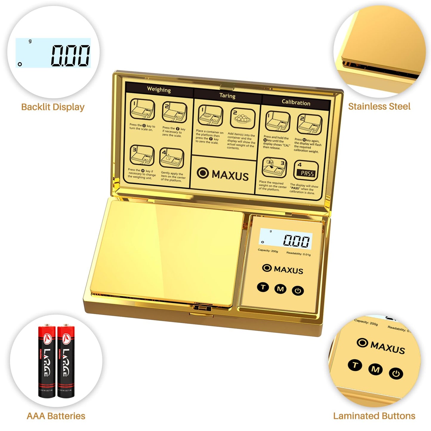 MAXUS Digital Gram Scale with 200g x 0.01g Capacity, Stylish Gold Plated Cover and Platform for Accurate and Precise Weighing of Jewelry, Grains, and Food in Grams and Ounces