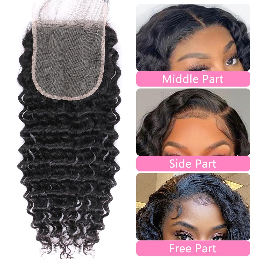 5x5 HD Lace Closure Deep Wave Ultra-thin Transparent HD Lace Closure 12A Brazilian Virgin Human Hair Closure Free Part Pre Plucked with Baby Hair Natural Black 12 Inch