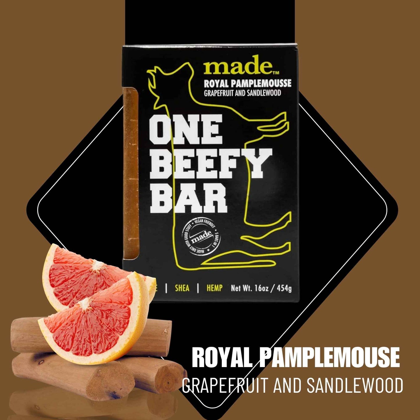 made One Beefy Bar | Royal Pamplemousse | Shampoo, Body Wash & Shaving Soap | Grapefruit & Sandalwood Scent | Breakaway Brick Design | Moisturizing with Coconut Oil, Shea Butter & Aloe Vera | 16 oz