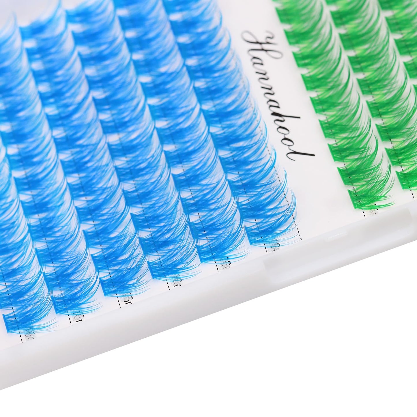 Hannahool 12rows-Large Tray Mixed 8-10-12-14-16mm/Mixed 14-15-16mm/Mixed14mm-16mm/Mixed 18-20mm Wide Stem Individual False Eyelashes Dramatic Black Cluster Eyelashes (LC07-Green-blue-14-16mm)