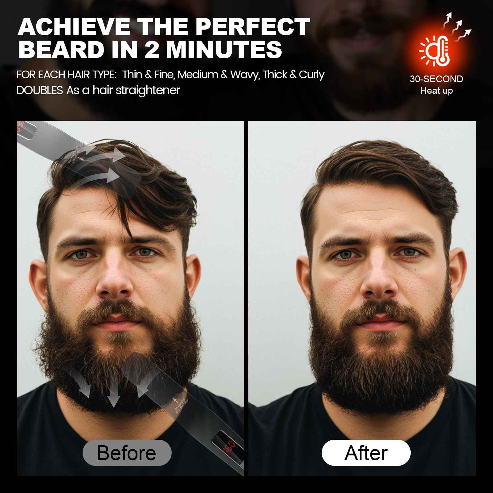 TUIREL Beard Straightener for Men, 2 in 1 Heated Beard Brush, 6 Temperature Settings LCD Display Anti-scalding Hot Comb for Beard Care Kit for Men Gifts Set