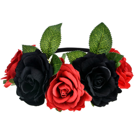 June Bloomy Rose Floral Crown Garland Flower Headband Headpiece for Wedding Festival(Leaf Red Black)