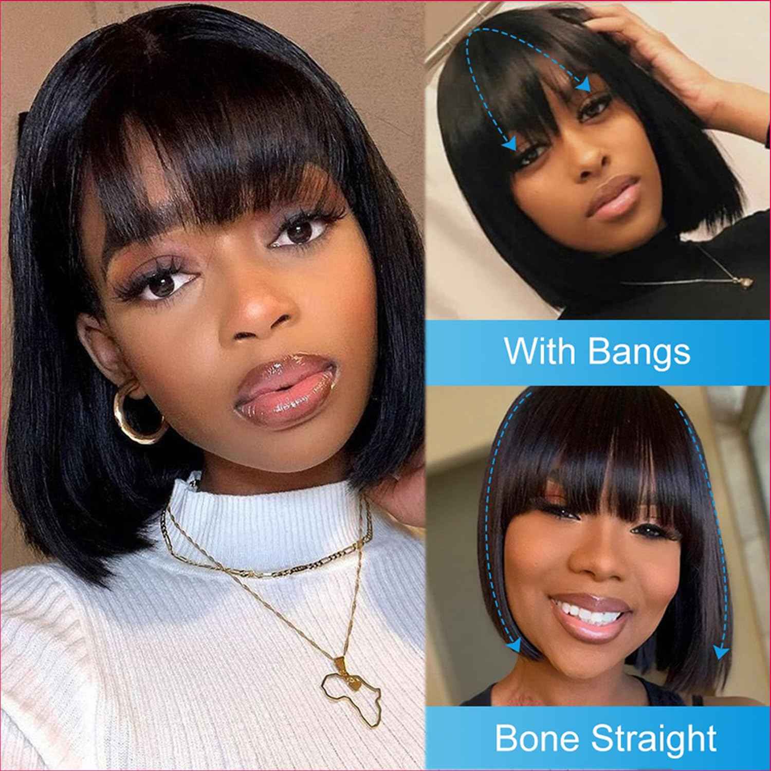 Lusina Bob Wig Human Hair with Bangs Glueless 2x4 HD Lace Colsure Wigs Human, Ready to Go Short Wigs For Women Beginner Friendly (Black, 12 Inch)