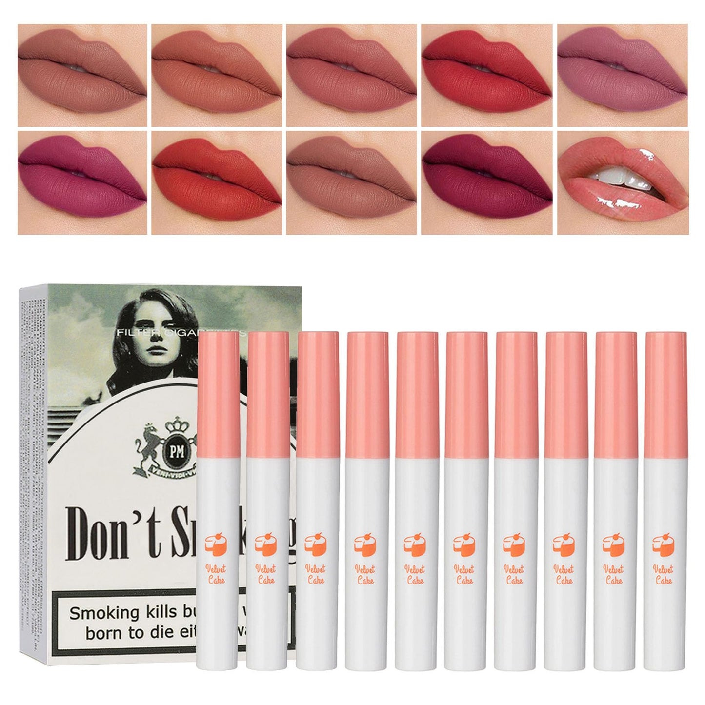 Charm Kiss 10 Colors Lip Tint Stain Set,Lana Del Rey Matte Lipstick,Tube Lipstick Lip Stain Long Lasting 24 hours Waterproof labiales Mate, Matte Velvet Lipstick