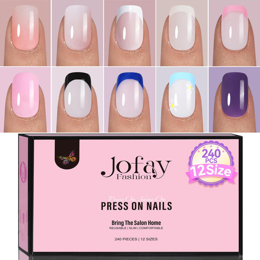 Soft Gel Nail Tips Kit - Jofay Fashion Short Press on Nails Set French Tip Nail Kit Acrylic Set Gel Nail Tips with Design Square Fake Nails with Design Full Cover Acrylic Nail Tips,10 Packs (240 Pcs)