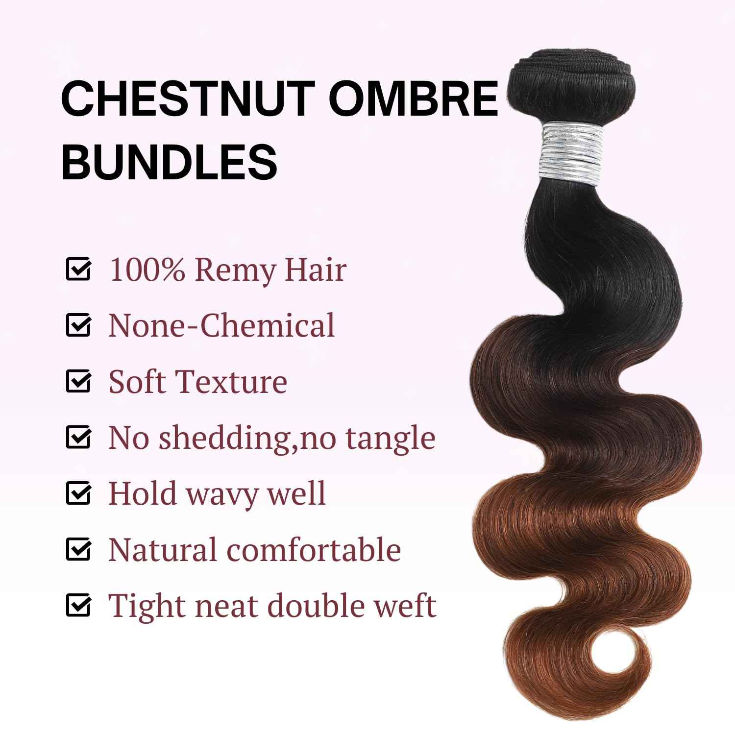 ANMETAN Chestnut Brown Ombre Color T1B/2/30 Human Hair Body Wave Single Bundle, Thick 12A Brown 3 Tone Ombre Bundles With Dark Roots 100% Remy Hair Wavy Sew In Quick Weave Keep Soft after Washes 12 IN