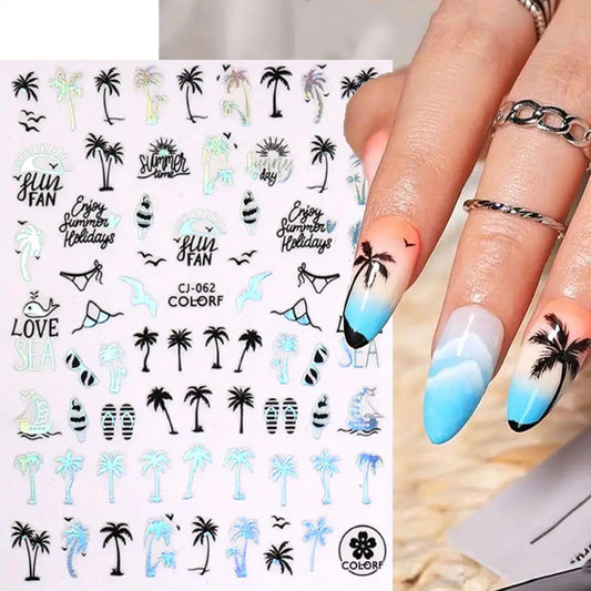 Summer Nail Art Stickers 3D Embossed Coconut Tree Nail Stickers Cute Nail Decals Black Silver Leaf Nail Art Design Decals for Nail Art Summer Designs Self Adhesive Nail Art Supplies Accessories 6PCS