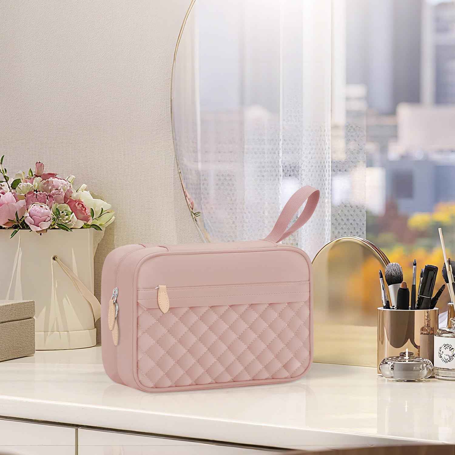 Vankor Travel Toiletry Bag for Women with Hanging Hook, Waterproof TSA Approved Cometic Toiletry Bag Organizers Leakproof Make up Bags for Women Pink