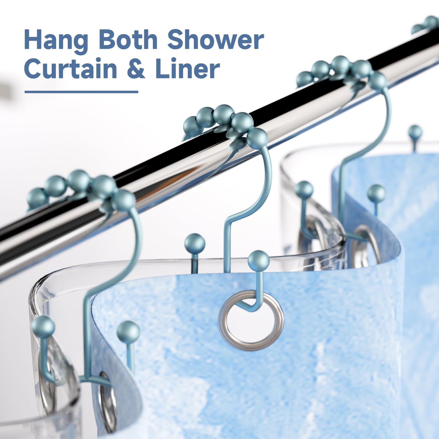 Titanker Shower Curtain Hooks Rings, Rust-Resistant Metal Double Glide Shower Hooks for Bathroom Shower Rods Curtains, Set of 12 Hooks - Lightcyan