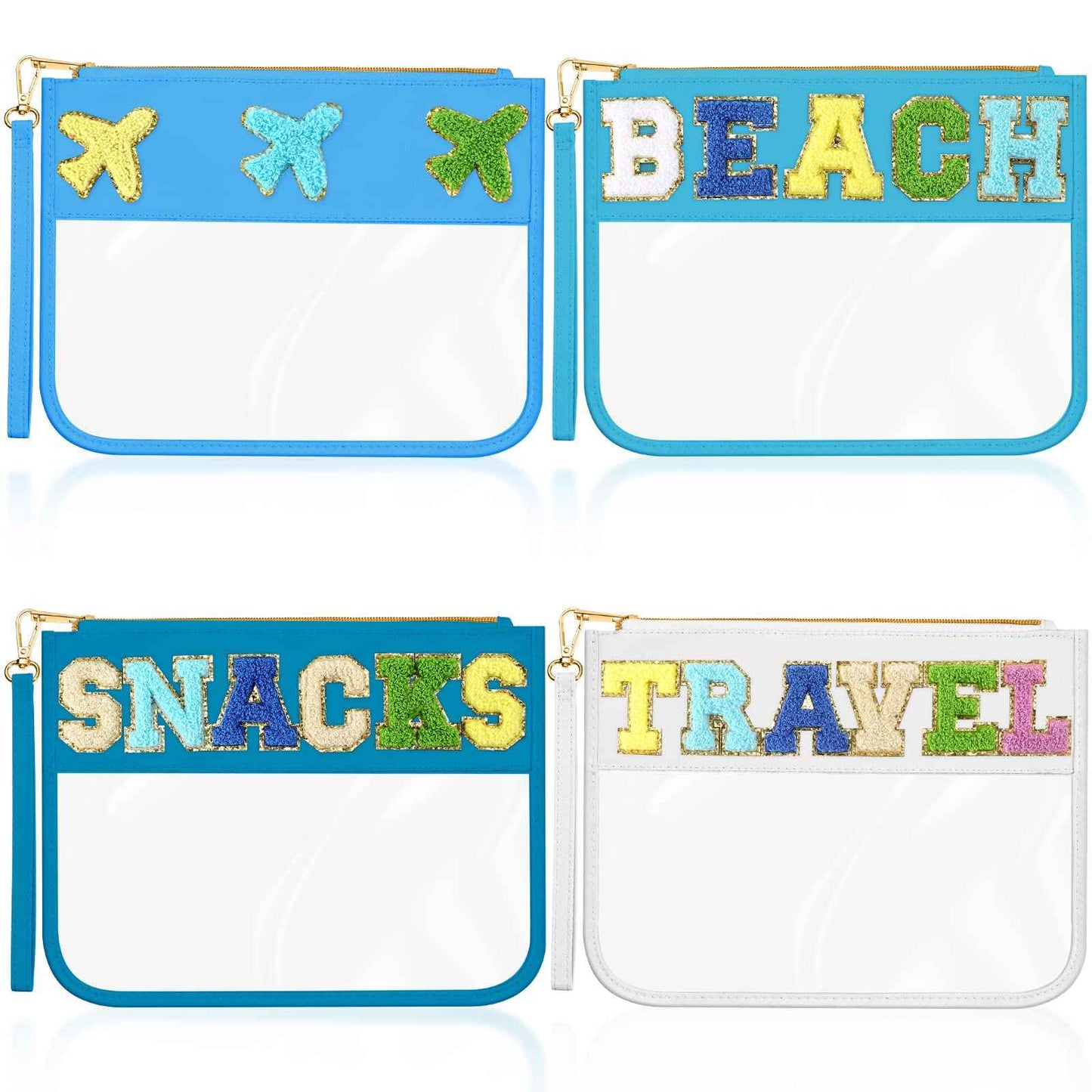 Remerry 4 Pack Clear Chenille Letter Bag Monogram Cosmetic Makeup Bag Travel Snack Beach Stuff Patch Pouch Preppy Accessories for Women Girls(Blue Green Series, Stylish)
