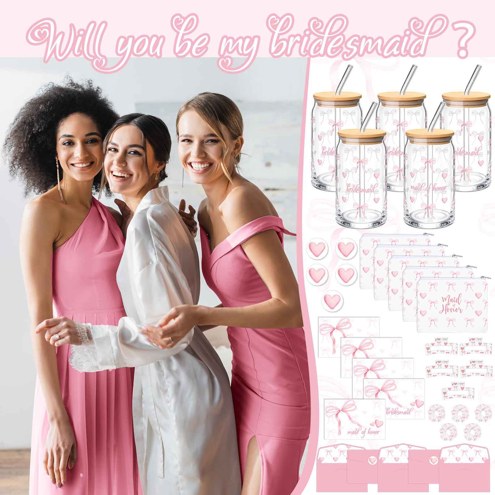 Meanplan 40 Pcs Bridesmaid Proposal Gift Box Set Bridal Shower Favor Wedding Bride Bachelorette Party Return Gift, Glass Cup Cosmetic Bag Scrunchies Hairpin Invited Card Envelope (Maid of Honor)