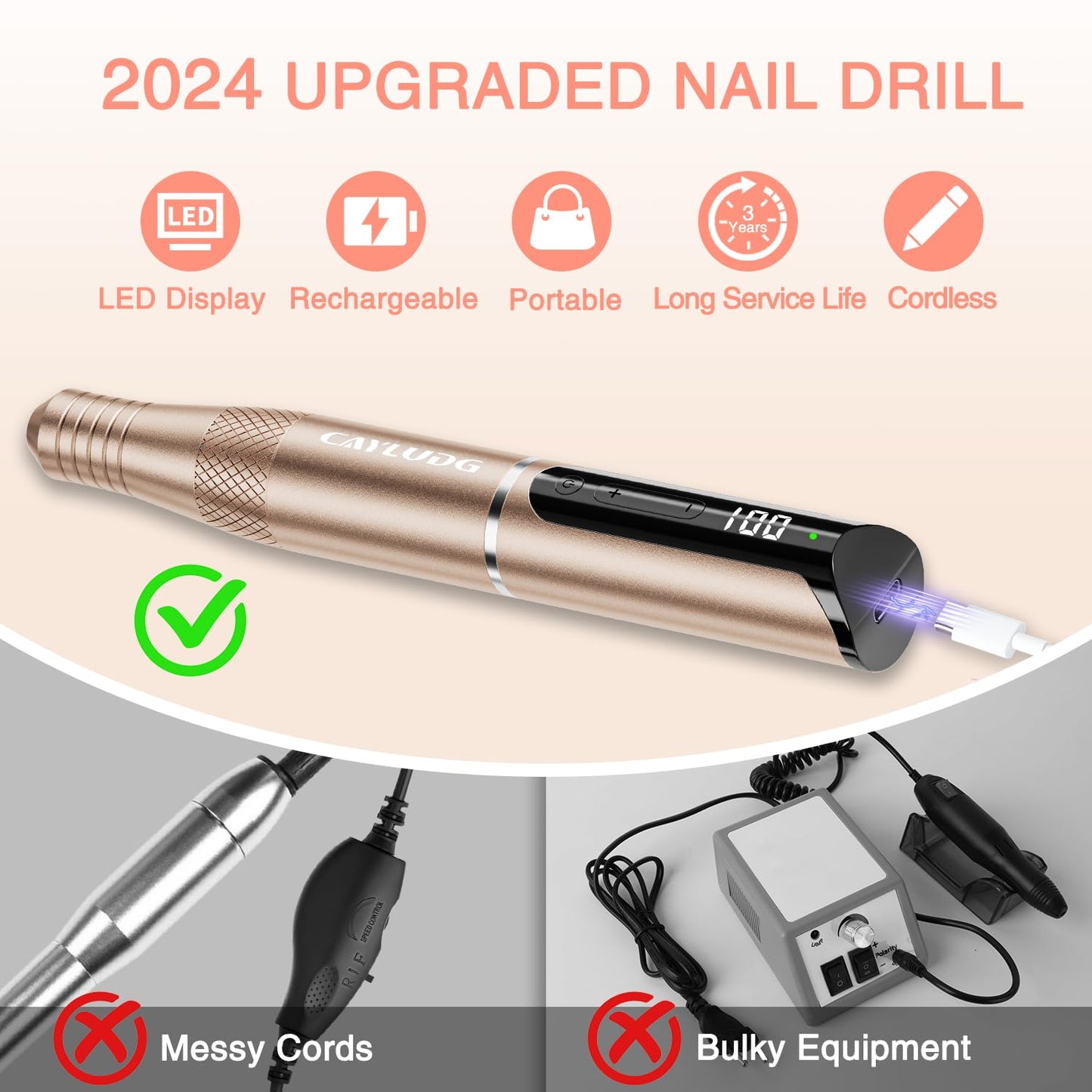 Cayludg Cordless Electric Nail Drill File - Portable Nail Drill Machine for Acrylic Gel Dip Powder Nails, Professional Electric Nail Efile Manicure Pedicure Polishing Tools Kit, Gold