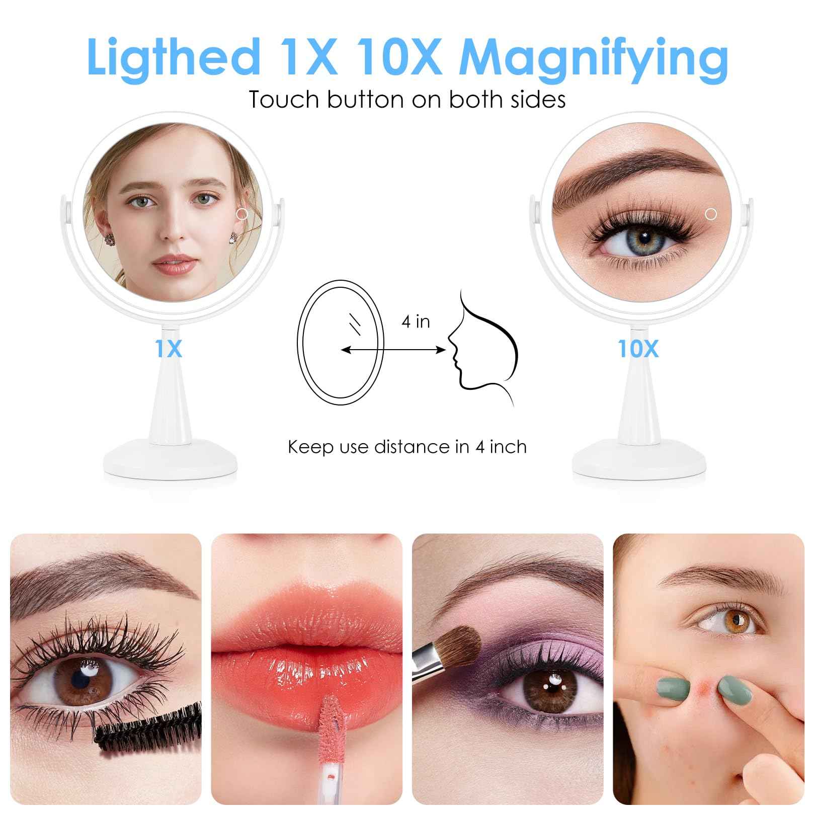 LUKYMIRO 1X 10x Magnifying Mirror with Lights, Double Sided 8" Lighted Makeup Mirror, Rechargeable, 360 Degree Rotation, White Plastic Frame, 8.6" L x 8.6" W x 13.8" H, Modern, Bathroom, Beauty, Home