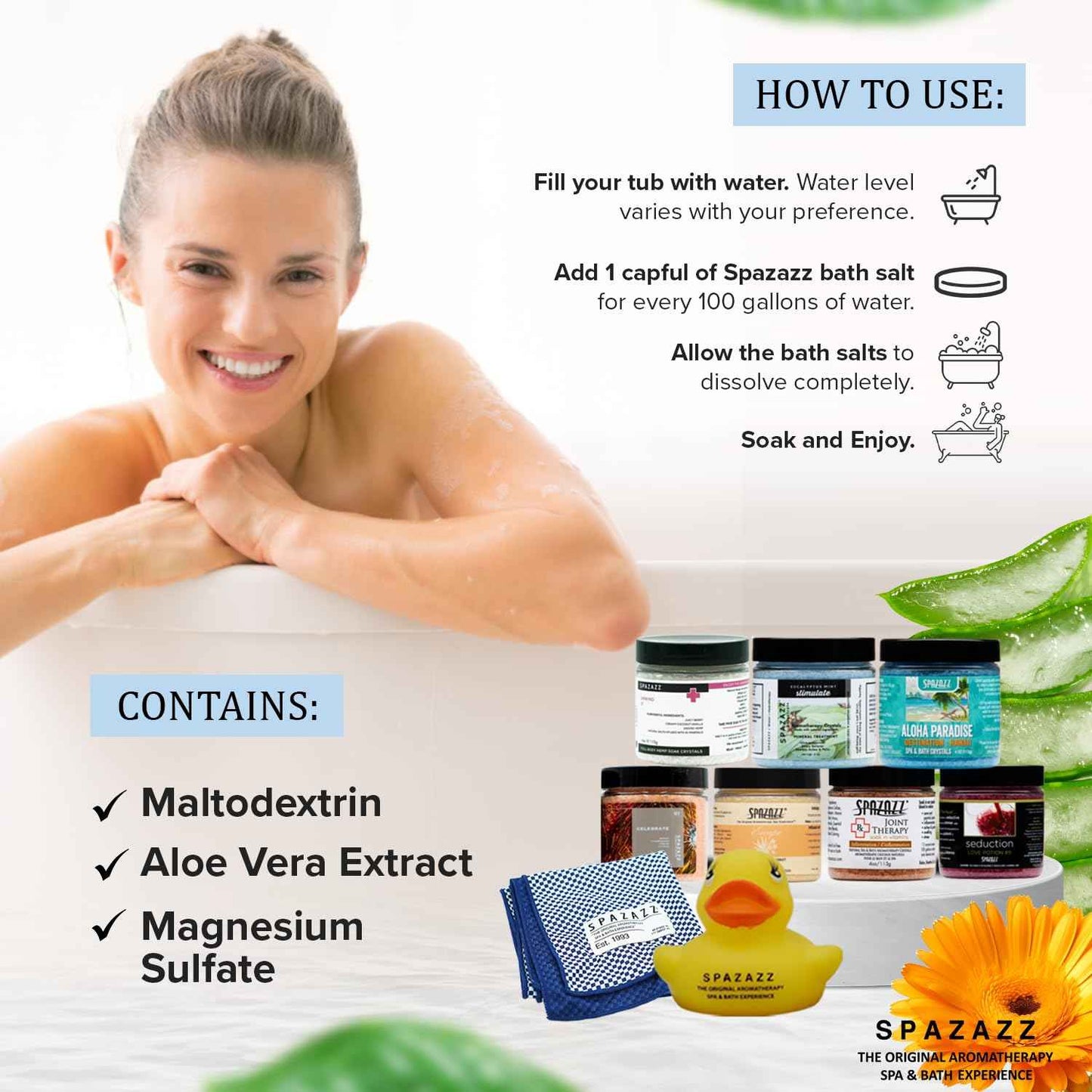 Spazazz Hot Tub Aromatherapy Gift Bundle- Seven- 4 Oz Spazazz Hot Tub Aromatherapy Bath Salt Crystals Sampler Jars Plus Hot/Cold Towel and Rubber Duck - Seven Distinct Scents of Bath and Spa Salts