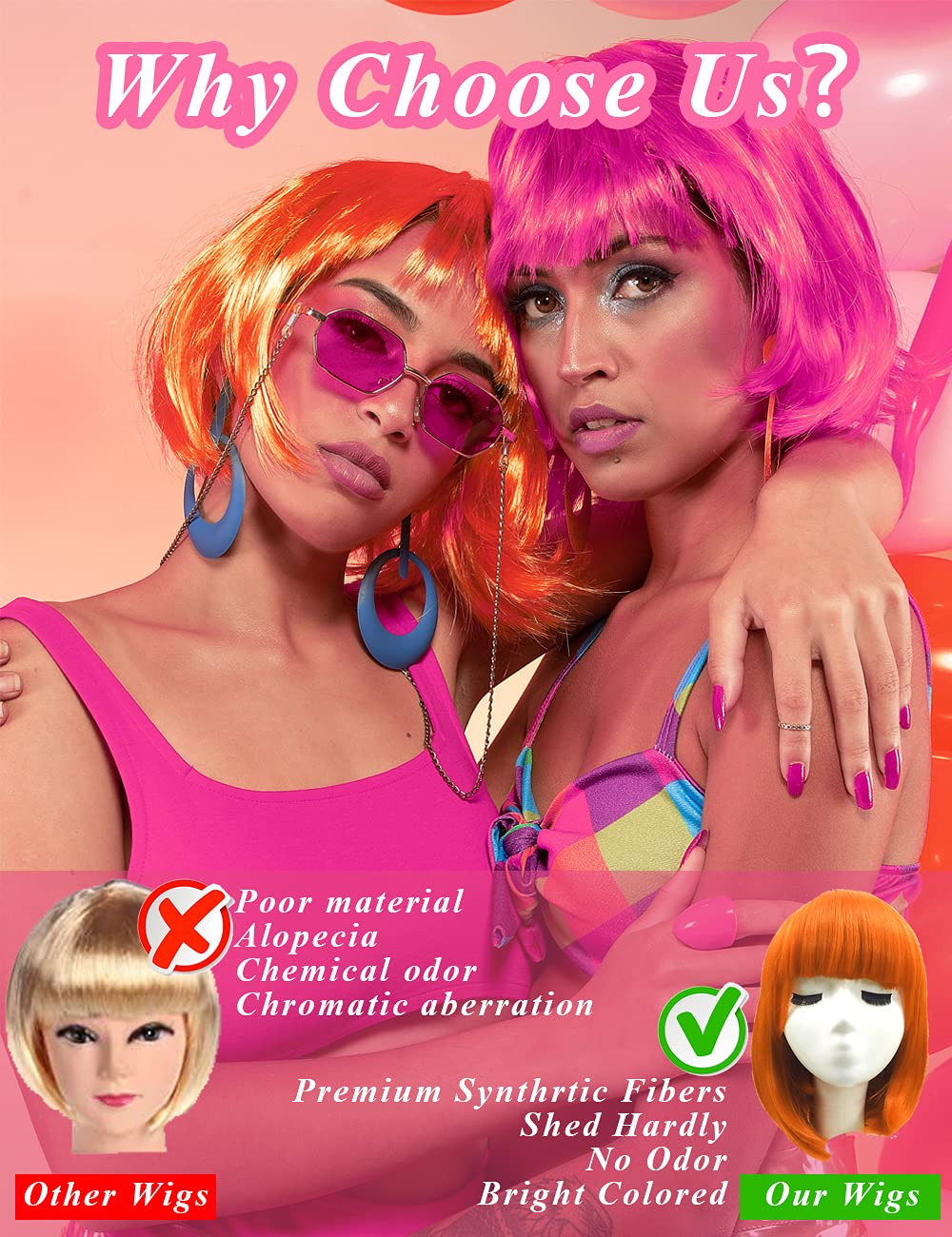 LOHO MAGICA 6 Pack Colored Wigs, Funky Colorful Wigs, Short Bob Hair Wigs, Neon Party Wigs, Cosplay Wigs with Rimless Heart Sunglasses