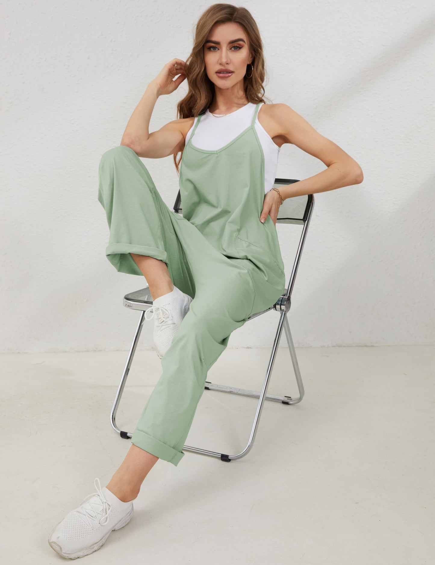 Lentta Women's Causal Jumpsuits V Neck Sleeveless Harem Overalls Stretchy Adjustable Strap Romper with Pockets(PeaGreen-S)