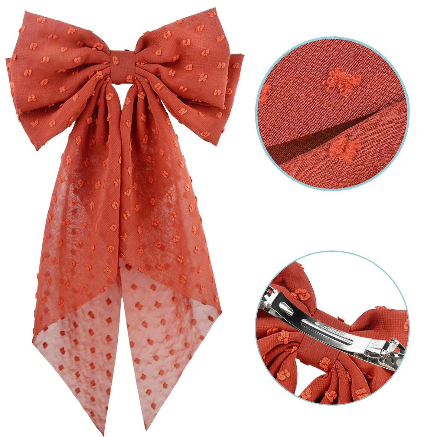 2PCS Large Hair Bows Ribbon Hair Clips, Double Layers Big Bow Hair Clip With Long Tail Ribbon Bowknot Hair Barrettes, Ponytail Holder Hair Accessories for Women Girls (Red-Orange)