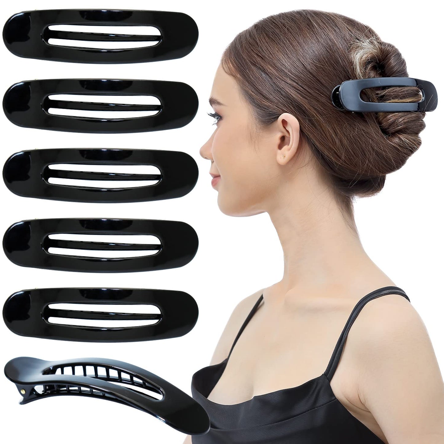 RC ROCHE ORNAMENT 6 Pcs Womens Side Slide Flat Oval Clip Styling Plastic Comfortable Hold Strong Grip No Slip Beauty Accessory Girls Ladies Pin Jaw Claw Clamp Clips, Medium Black