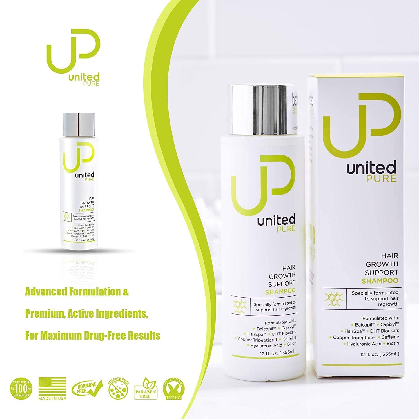 United Pure Hair Growth Support Shampoo, 12 Oz Bottle | DHT Blocking Anti Hair Loss | w/Baicapil, Capixyl, HairSpa, Biotin | Hyaluronic Acid, Keratin, Copper Tri-Peptide 1 & More