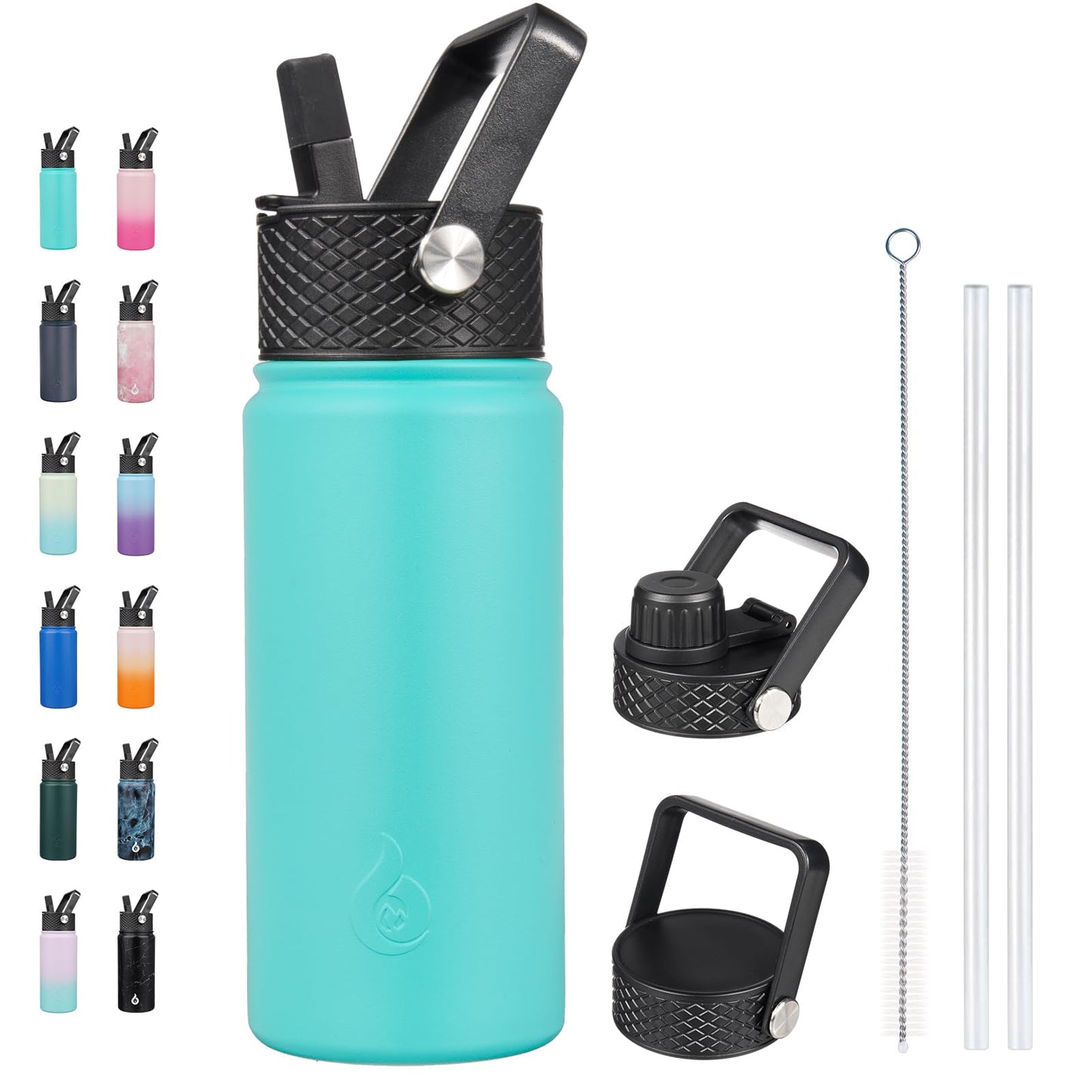 BJPKPK Insulated Water Bottles with Straw Lid, 18oz Stainless Steel Metal Water Bottle, Cold & Hot Water Bottle with 3 Lids, Leak Proof BPA Free Travel Cup, Wide Mouth Flasks, Thermos-Turquoise