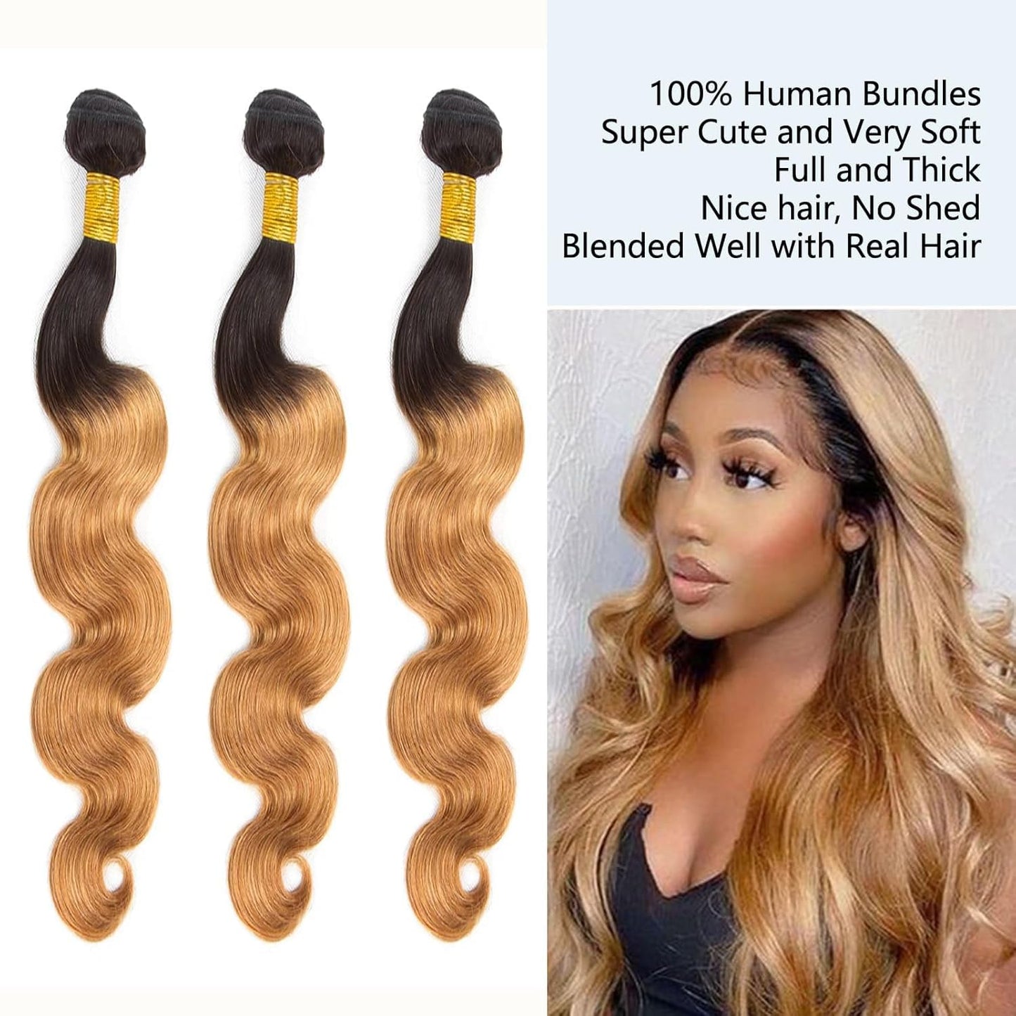 Ombre Blonde Human Hair Bundles 1B/27 Ombre Bundles Human Hair 1B/27 Body Wave Bundles Human Hair 8 10 12Inch 3 Bundles Human Hair Body Wave Brazilian Virgin Hair Bundles (1B/27-BB-8 10 12)