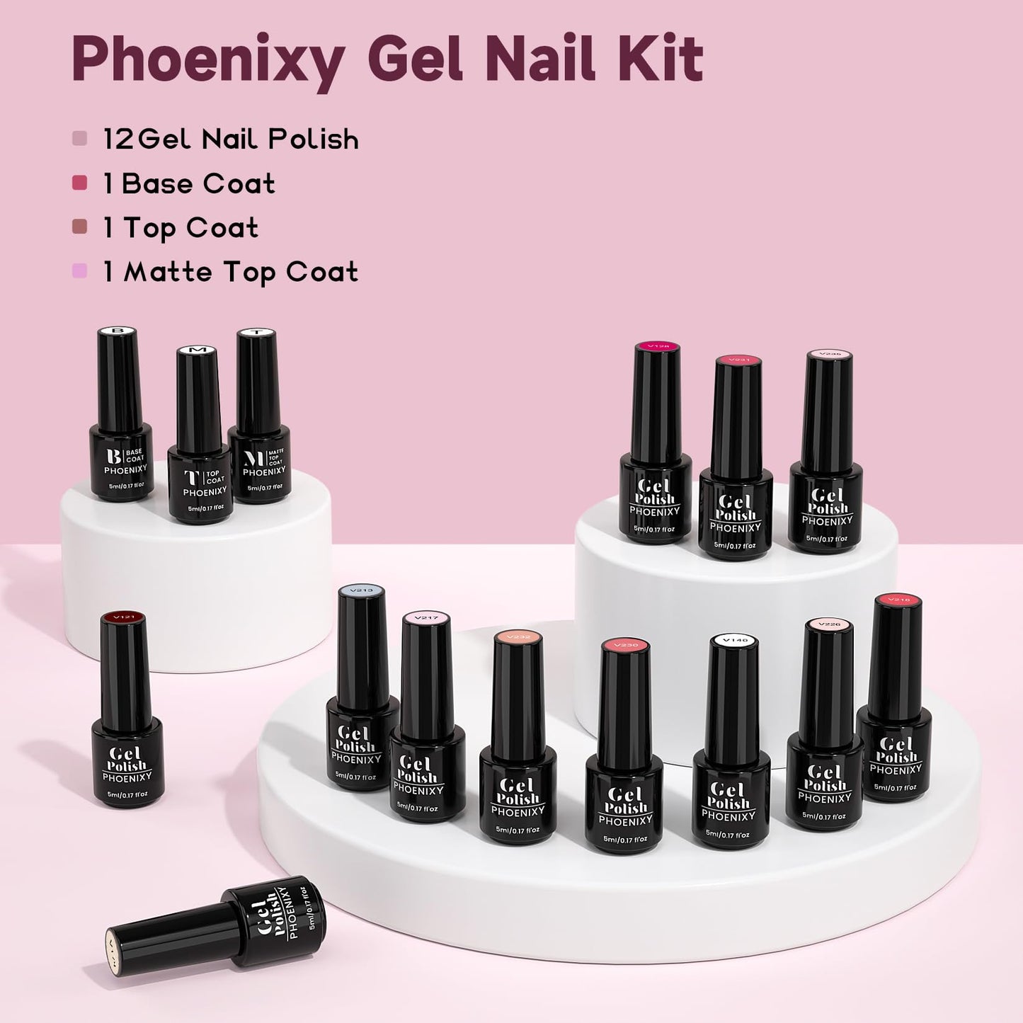 PHOENIXY Gel Nail Polish 15 Pcs Gel Nail Kit Base Coat Glossy Matte Top Coat Nail Polish Kit Gifts for Women